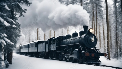 steam train in the forest _A steam train that expels white smoke as it cruises through a frosty forest. The train is black 