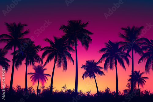 Bright neon landscape with sea and palm trees background. synthwave wallpaper style