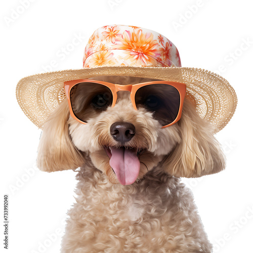 Cute dog in summer fashion wearing a straw hat and sunglasses on transparent background PNG