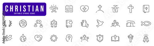 Christian religion line icon set. Cross, bible, christmas, easter, dove etc. Editable stroke