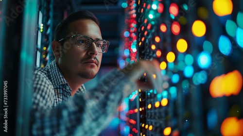 Computer engineer fixing server rack in a data center