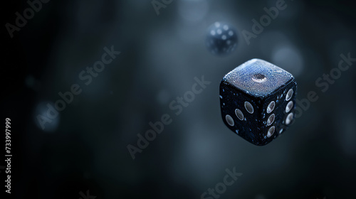 A black dice floating in the air with white dots and a dark, blurred background.