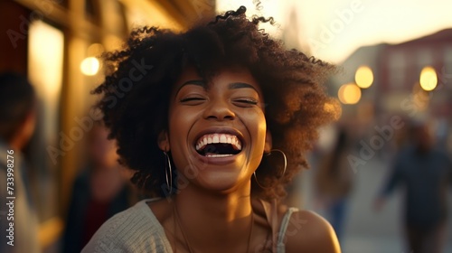 Black woman with perfect teeth laughing at camera, Front view portrait of a beautiful black woman with perfect teeth laughing