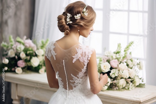 eine Braut von hinten, die einen eleganten Hochzeitsfrisur mit eingearbeiteten Haaraccessoires trägt. Ihr Haar ist zu kunstvollen Locken aufgesteckt