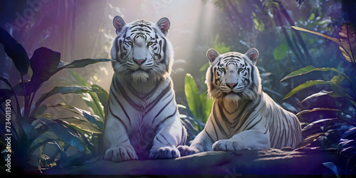 Pair of Rare White Tigers resting in jungle setting basking in the sunlight - beautiful mystical white tigers in ethereal light ideal for a wall art canvas