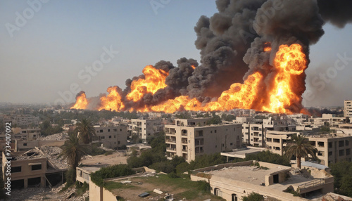 Burning ruins of destroyed houses in city from bombs or missile attacks