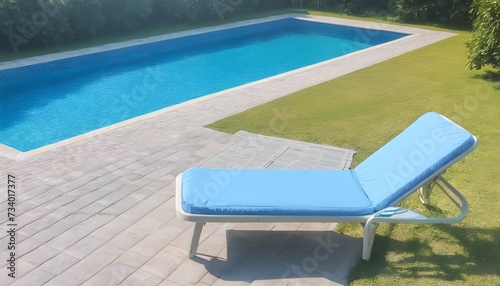Swim pool with clear blue water and two sun bed on sunny day in a yard