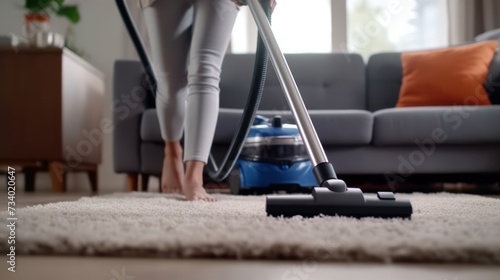 Cropped view of hands holding vacuum cleaner of Caucasian female cleaning service worker vacuums rug in living room kitchen.
