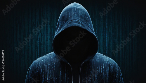Mysterious hacker in hood with matrix face on blue digital backdrop
