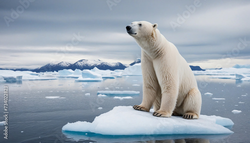 A polar bear sitting on an ice floe in the water