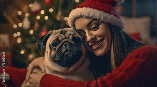Dog owner female enjoy holiday christmas celebration at home alone with her pug best friend. Woman hugging and enjoying her dog