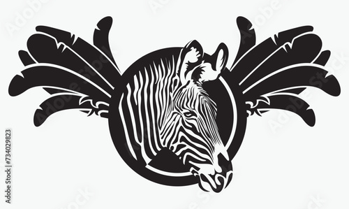 vector drawing of a zebra head in a circle drawn in black paint with bird wings. suitable for logo or symbol
