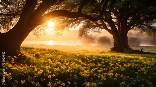 Golden sunlight filters through the branches of a tree, illuminating a meadow of wild yellow flowers at dawn