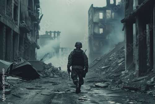 Soldier walking in destroyed city