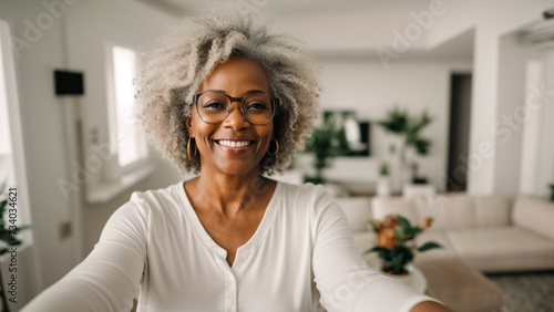 technology, communication and people concept - happy smiling senior woman in glasses taking selfie at home,lifestyle concept