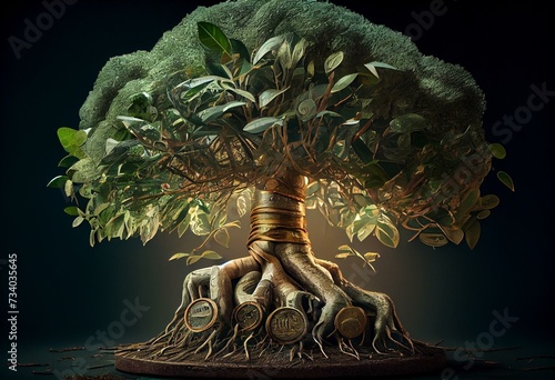 Large green money tree with crown and coins in roots. Generative AI