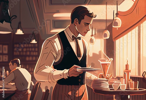 Cartoon style illustration of a waiter at work - AI generative. Generative AI