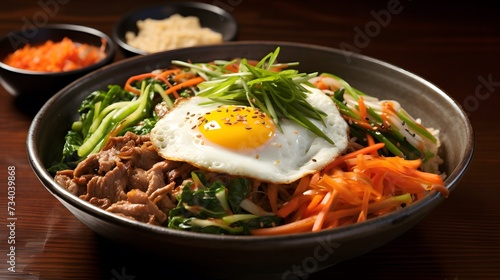 Traditional Korean dish bibimbap with fried agg, beef and vegetables. 