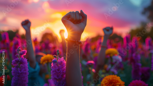 Women empowerment and unity at sunset with raised fists in a field of flowers