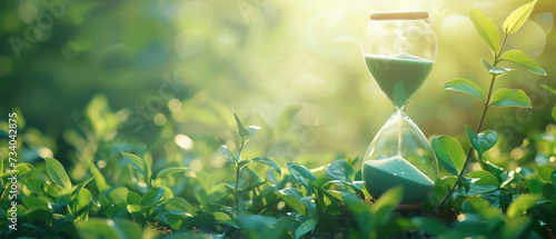 Hourglass in front of a nature background spring and vacation atmosphere time passing environmental issues responsible environmental dates Ecological concept a big copy space