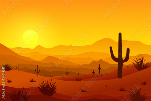 Sunset landscape of the Wild West. Beautiful desert landscape with sandstones, cacti and hills against the backdrop of an orange sunset. Desert vector illustration.