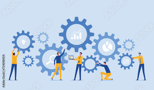 Flat vector illustration design Business process concept and business team working meeting for project brainstorming with developer creative planning management concept 