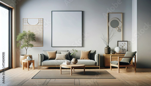 A modern living room with a minimalist design,clean lines and natural decorative elements that create a calm and stylish space and a large empty picture frame on the wall.Modern home concept.AI genera