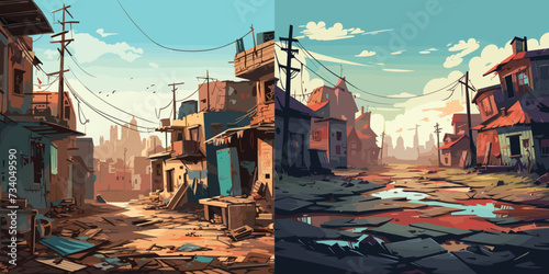 Abandoned area landscape. District with the city on the horizon, in cartoon style. Destroyed empty houses, garbage and junk, ruins, junk town, favelas and outskirts, trendy vector illustration