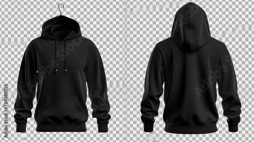 Set of black front and back view tee hoodie hoody sweatshirt on transparent background cutout, PNG file. Mockup template for artwork graphic design