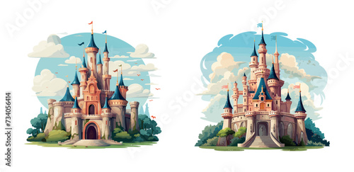 Fairy tale castle cartoon set. Architecture with clouds, trees, and magic against dreamy sky, whimsical kingdom illustrations isolated on white background