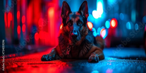 A Diligent K-9 Unit Safeguarding The Nighttime City Streets. Concept Crime Prevention, Night Patrol, Police Dogs, Security Measures, Safeguarding The Community