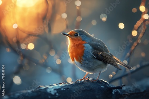 A delicate little robin bird, photographed from afar in the forest, background out of focus.