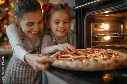 A middle-aged mom and her daughter are placing a pizza in the oven.