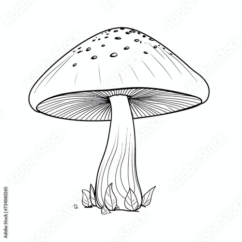 Black and white vector illustration of a single mushroom isolated on a white background for printing. Mushroom coloring book.