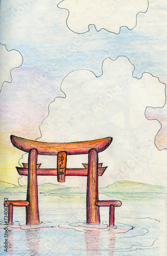 Crayon painting. Japanese torii gates in the lake, Blue sky, big fluffy clouds.