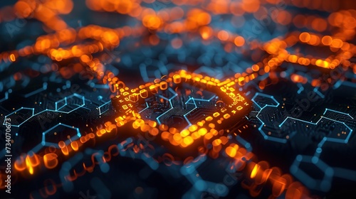 A close-up of a circuit board with glowing orange patterns, representing cryptographic blockchain technology in action.