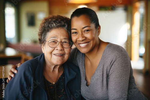 Portrait of a senior woman with a caregiver in nursing home