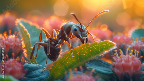 Capturing the intricate details of an ant's mandibles as it grasps a small leaf. Generative ai.