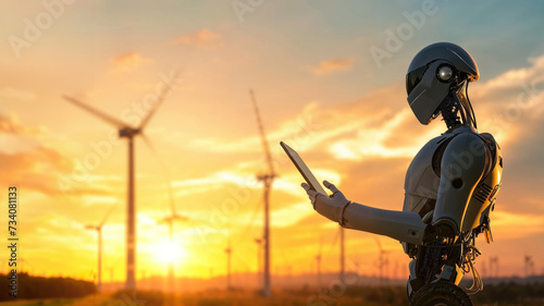 A figure donning a mechanical exosuit stands in the midst of a vast, open field, the gentle windmills and billowing clouds serving as a backdrop for their futuristic tablet as the warm rays of the se