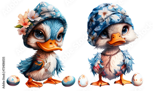 Cute duckling with easter painted eggs. Dick with a flower hat. Clipart, sticker design, png. Animals with tattoos 