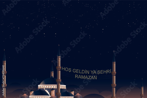Hoş geldin ya şehri Ramazan (Translate: Welcome month of ramadan) lettering hanging on Mosque's mahya vector. Mahya is an enlightenment arrangement during ramadan nights between two minarets.