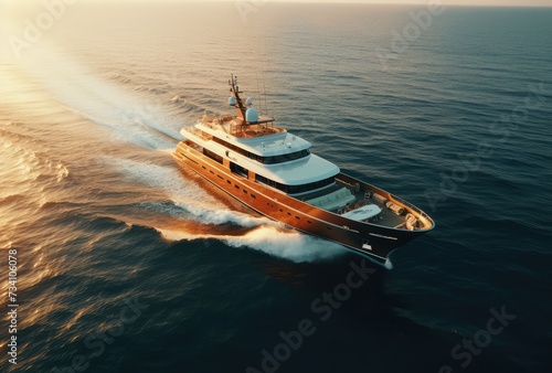 3d rendering of a luxury yacht sailing in the sea at sunset