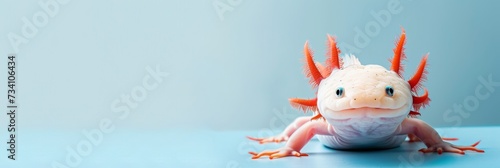 Cute axolotl on blue background. Adorable exotic pet. Funny animal concept. Design for banner, header, advertising with copy space