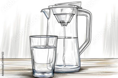 A simple drawing of a pitcher and a glass of water. Suitable for illustrating hydration, refreshment, or healthy lifestyle concepts