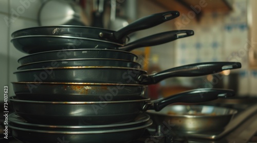 Pots and pans neatly stacked on top of a stove. Suitable for kitchen and cooking-related themes