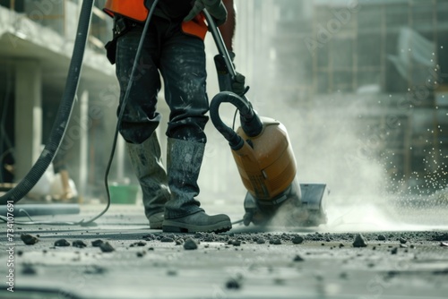 A man is using a concrete machine on a construction site. Suitable for construction industry projects