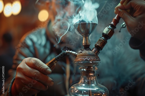 A man is seen smoking a hookah in a glass jar. This image can be used to depict relaxation and enjoyment in a unique setting