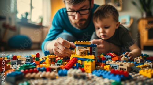 A father and son bond over building colorful structures with tiny toy blocks, their laughter filling the room as they create endless possibilities with their imaginations