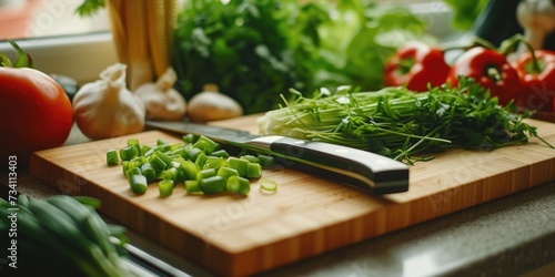 A picture of a cutting board with a knife and various vegetables. This image can be used to showcase cooking, healthy eating, meal preparation, or culinary concepts