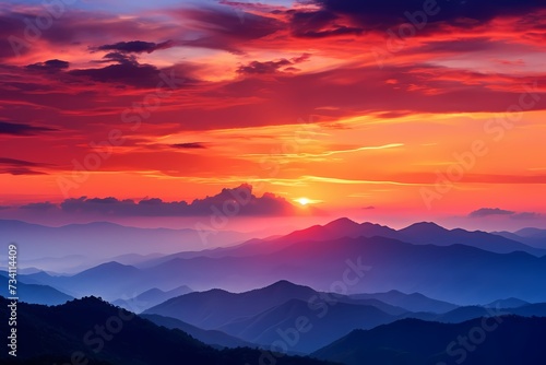 Vibrant sunset over a mountain range with gradient hues of orange and pink in the sky, casting a warm glow on the landscape.